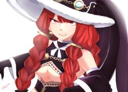 Rule 34 | 1girl, breasts, colorized, detached sleeves, fairy tail, hat, highres, irene belserion, large breasts, long hair, quad braids, red hair, revealing clothes, underboob