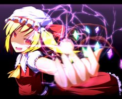 Rule 34 | 1girl, asymmetrical hair, blonde hair, cuon (kuon), flandre scarlet, gradient background, hat, letterboxed, open mouth, outstretched arm, red eyes, ribbon, short hair, side ponytail, slit pupils, smile, solo, touhou, wings