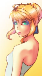 Rule 34 | 1girl, ahoge, alternate costume, artoria pendragon (all), artoria pendragon (fate), backless dress, backless outfit, bare shoulders, blonde hair, blue ribbon, braid, braided bun, breasts, closed mouth, commentary, dress, english commentary, fate/stay night, fate (series), from side, glowing, glowing eyes, green eyes, hair bun, hair ribbon, highres, loen, looking at viewer, looking to the side, pink lips, ribbon, saber (fate), short hair, sidelocks, single hair bun, small breasts, solo, upper body, white dress