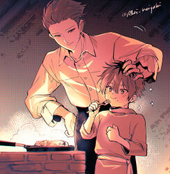 Rule 34 | 2boys, aged down, aki (neyuki41028), brothers, child, closed mouth, collared shirt, dress shirt, eating, food, food on face, fork, frying pan, hair between eyes, hair slicked back, hand on another&#039;s head, hand on own hip, hand up, happy, headpat, holding, holding fork, long sleeves, looking ahead, looking at another, male focus, meat, multicolored hair, multiple boys, pants, sash, shirt, short hair, siblings, smile, sousou no frieren, sparkle, spiked hair, standing, stark (sousou no frieren), stoltz (sousou no frieren), stove, streaked hair, twitter username, wavy mouth