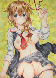 Rule 34 | 1girl, black serafuku, blue eyes, braid, breasts, breasts out, brown hair, censored, unworn eyewear, glasses, grey skirt, hair ornament, hair ribbon, highres, holding, holding removed eyewear, jewelry, kantai collection, kumaccyo, long sleeves, lying, marker (medium), neckerchief, necklace, panties, partially undressed, plaid, plaid skirt, puffy nipples, red neckerchief, ribbon, school uniform, serafuku, shigure (kancolle), skirt, traditional media, underwear