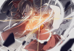 Rule 34 | 1girl, action, anime coloring, ascot, blurry, bow, brown eyes, brown hair, debris, depth of field, detached sleeves, energy, hand fan, folding fan, frilled skirt, frills, gohei, hair bow, hair tubes, hakurei reimu, itsutsuki, japanese clothes, light trail, long hair, looking at viewer, miko, red eyes, red skirt, serious, skirt, skirt set, sleeveless, solo, talismans, touhou, wide sleeves
