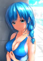Rule 34 | 1girl, blue eyes, blue hair, blue one-piece swimsuit, blush, breasts, cleavage, collarbone, commentary request, competition swimsuit, cowboy shot, day, drill hair, earrings, flower earrings, front ponytail, front zipper swimsuit, garter-velvet, hair over shoulder, highres, jewelry, large breasts, light smile, long hair, looking at viewer, medium breasts, meme attire, mole, mole on breast, mole under eye, one-piece swimsuit, original, shiny clothes, shiny skin, sideboob, skin tight, smile, solo, swimsuit, twitter username, unzipped, upper body, wet, wet clothes, wet swimsuit