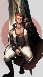 Rule 34 | 1boy, abs, alex (cerealex), belt, blue eyes, boots, brown belt, brown hair, cannon, cigar, cross scar, epaulettes, facial hair, fate/grand order, fate (series), fringe trim, full body, goatee, highres, huge weapon, jacket, knee boots, long sideburns, looking at viewer, male focus, mature male, military, military uniform, muscular, muscular male, napoleon bonaparte (fate), open clothes, open jacket, open shirt, pants, partially unbuttoned, pectoral cleavage, pectorals, scar, scar on chest, short hair, sideburns, smile, smoking, solo, uniform, weapon, weapon on back, white pants