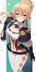Rule 34 | 1girl, absurdres, belt, blonde hair, blue capelet, blush, border, bow, breasts, capelet, cleavage, gauntlets, genshin impact, green background, hair bow, he c92, highres, huge filesize, jean (genshin impact), large breasts, long hair, looking at viewer, multicolored capelet, pants, ponytail, sidelocks, smile, solo, thighs, tight clothes, tight pants, white border, white pants