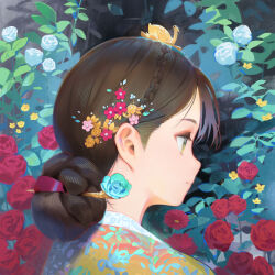 Rule 34 | 1girl, absurdres, blue flower, blue rose, braid, brown hair, clip studio paint (medium), closed mouth, commentary request, ddal, flower, green eyes, hair bun, hair flower, hair ornament, hair stick, highres, japanese clothes, kimono, making-of available, on head, original, pink flower, portrait, print kimono, profile, purple flower, red flower, red rose, rose, smile, solo, white flower, white rose, yellow flower, yellow kimono, yellow rose