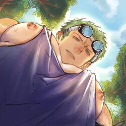 Rule 34 | 1boy, bara, blue sky, blue tank top, day, from below, goggles, goggles on head, green hair, highres, large pectorals, looking down, male focus, meme, nipple slip, nipples, one piece, outdoors, parted lips, pectorals, roronoa zoro, short hair, sideburns, sky, solo, tank top, terufong, upper body