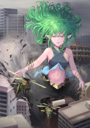 Rule 34 | 1girl, absurdres, aircraft, army, bad id, bad pixiv id, bangle, bracelet, breasts, city, colored eyelashes, commentary request, criss-cross halter, destruction, elf, floating hair, giant, giantess, green hair, halterneck, helicopter, highres, jewelry, navel, overcast, personification, pointy ears, real life, sky, small breasts, stomach, tark (318), typhoon, yellow eyes