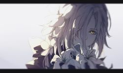 Rule 34 | 1girl, aug (girls&#039; frontline), cheonyeon-hi, commentary, covering own mouth, flower, girls&#039; frontline, hair flower, hair ornament, hair over one eye, letterboxed, long hair, looking at viewer, solo, white background, white hair, yellow eyes