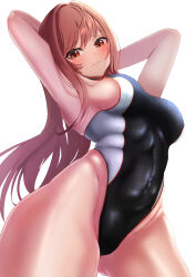 Rule 34 | 1girl, 403 oekaki suke, absurdres, arms behind head, black one-piece swimsuit, blush, breasts, brown hair, curvy, disembodied limb, from below, frown, gluteal fold, goddess of victory: nikke, highleg, highleg swimsuit, highres, large breasts, long hair, looking at viewer, multicolored clothes, multicolored swimsuit, official alternate costume, one-piece swimsuit, rapi (classic vacation) (nikke), rapi (nikke), red eyes, shiny skin, sideboob, simple background, solo, swimsuit, wet, white background, white one-piece swimsuit, wide hips