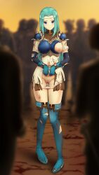 Rule 34 | 1girl, absurdres, armor, blood, blood on clothes, blue eyes, blue hair, boobplate, breastplate, breasts, broken armor, circlet, cuffs, defeat, dress, female pubic hair, fingerless gloves, fiora (fire emblem), fire emblem, fire emblem: the blazing blade, gloves, highres, long hair, medium breasts, nintendo, nipples, one breast out, pegasus knight uniform (fire emblem), pubic hair, sakurein, shackles, solo focus, thighhighs, torn clothes, torn dress