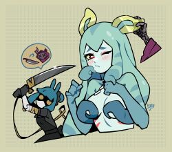 Rule 34 | 2girls, apron, aqua skin, bandaged arm, bandages, black apron, black dress, colored sclera, covering breasts, covering privates, cropped legs, cropped torso, doll joints, dress, eyeliner, gills, holding, holding sword, holding weapon, joints, light frown, maid headdress, milkytiddyboy, monster girl, multiple girls, one eye closed, original, pink eyeliner, red eyes, scylla, simple background, striped skin, stuffed toy, sword, tentacle hair, topless, weapon, yellow sclera