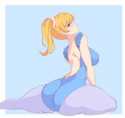 Rule 34 | 1girl, aqua background, artist request, ayase eli, bare shoulders, blonde hair, blue dress, blue eyes, blush, breasts, dress, female focus, highres, large breasts, long hair, looking at viewer, looking back, love live!, love live! school idol project, maullarmaullar, pantyhose, ponytail, scrunchie, short hair, solo, white scrunchie