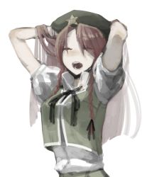 Rule 34 | 1girl, arms up, bad id, bad pixiv id, beret, black ribbon, braid, breasts, bronze liver, closed eyes, collared shirt, cowboy shot, eyes visible through hair, green hat, green vest, hand in own hair, hands in hair, hat, hat ornament, hong meiling, long hair, medium breasts, neck ribbon, open mouth, parted bangs, puffy short sleeves, puffy sleeves, red hair, ribbon, shirt, short sleeves, side braids, simple background, solo, star (symbol), star hat ornament, straight hair, teeth, touhou, traditional media, twin braids, vest, wavy mouth, white background, white shirt, yawning