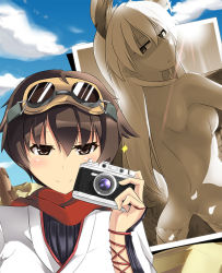Rule 34 | 2girls, animal ears, black okojo, breasts, brown eyes, brown hair, camera, goggles, goggles on head, hanna-justina marseille, head wings, japanese clothes, katou keiko, long hair, looking back, multiple girls, photo (object), scarf, short hair, sideboob, smile, strike witches, tail, topless, uniform, wings, witches of africa, world witches series