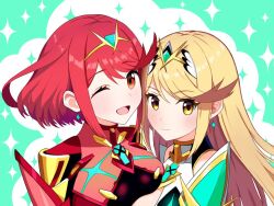 Rule 34 | 2girls, ;d, asymmetrical docking, bare shoulders, blonde hair, blush, breast press, breasts, cleavage, closed mouth, earrings, headpiece, jewelry, large breasts, long hair, looking at viewer, multiple girls, mythra (xenoblade), one eye closed, open mouth, plum ssbu, pyra (xenoblade), red eyes, red hair, short hair, smile, swept bangs, tiara, upper body, xenoblade chronicles (series), xenoblade chronicles 2, yellow eyes