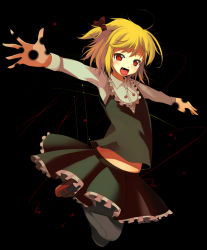 Rule 34 | 1girl, :p, black pantyhose, blonde hair, darkness, embodiment of scarlet devil, fang, female focus, hair ribbon, ippongui, jumping, mary janes, outstretched arms, pantyhose, red eyes, ribbon, rumia, shoes, short hair, solo, spread arms, tongue, tongue out, touhou