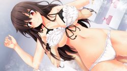 Rule 34 | 10s, 1girl, arms up, bikini, blush, grabbing another&#039;s breast, breasts, brown eyes, brown hair, closed mouth, collarbone, dutch angle, frilled bikini, frills, game cg, gluteal fold, grabbing, hand under clothes, highres, kuroki michi, large breasts, long hair, nora to oujo to noraneko heart, oozora itsuki, standing, swimsuit, wavy mouth, wet, white bikini