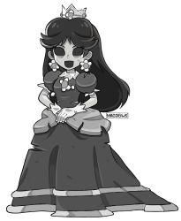 Rule 34 | 1girl, artist name, commentary, crown, dress, earrings, english commentary, flower earrings, gloves, grey dress, grey eyes, grey hair, greyscale, highres, hollow eyes, horror (theme), jewelry, juliet sleeves, long hair, long sleeves, mag (magdraws), mario (series), monochrome, nintendo, open mouth, own hands together, princess daisy, puffy sleeves, solo, super mario land, white gloves