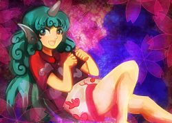 Rule 34 | 1girl, :d, alternate eye color, aqua eyes, aqua hair, ar kailisi, bare arms, bare legs, buttons, cherry blossoms, cloud print, collared shirt, colored eyelashes, curly hair, fang, floral background, horns, komano aunn, leaning back, long hair, looking away, looking to the side, nose, open mouth, paw pose, red shirt, shirt, short sleeves, shorts, single horn, sitting, smile, solo, tongue, touhou, very long hair, white shorts