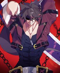 Rule 34 | 1boy, abs, arms up, bad id, bad twitter id, belt, black shirt, brown hair, chain, commentary request, grin, guilty gear, guilty gear strive, hair between eyes, highres, jacket, jewelry, looking at viewer, male focus, muscular, muscular male, necklace, open clothes, open jacket, red eyes, red jacket, shaded face, shirt, signature, simple background, smile, sol badguy, solo, spiked hair, upper body, weapon, xx asui