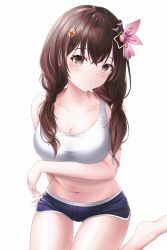 Rule 34 | 1girl, absurdres, arm under breasts, breasts, brown eyes, brown hair, closed mouth, hair between eyes, highres, hololive, large breasts, long hair, looking at viewer, navel, shira jun, short shorts, shorts, simple background, solo, tokino sora, twintails, virtual youtuber, white background