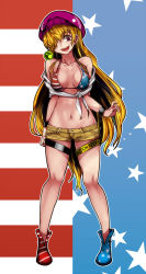 Rule 34 | 1girl, aged up, alternate costume, american flag, american flag bikini, american flag print, aoshima, bare shoulders, bikini, bikini top only, blonde hair, bracelet, breasts, caution tape, cleavage, clownpiece, collarbone, commentary, earrings, flag print, hair over one eye, hat, highres, jewelry, lips, long hair, medium breasts, navel, off shoulder, open mouth, print bikini, purple eyes, round teeth, shirt, short shorts, shorts, smile, solo, strap gap, stud earrings, swimsuit, teeth, thigh cuffs, thigh strap, tied shirt, touhou, very long hair