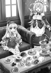 Rule 34 | 2girls, azur lane, blush, breasts, cleavage, couch, cup, curtains, closed eyes, facing another, food, greyscale, hairband, highres, indoors, large breasts, long hair, looking away, monochrome, multiple girls, neptune (azur lane), novel illustration, official art, open mouth, queen elizabeth (azur lane), raiou, sitting, smile, standing, sweatdrop, table, tea, teacup, teapot, thighhighs, window