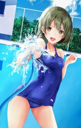 Rule 34 | 1girl, absurdres, blue one-piece swimsuit, blush, chain-link fence, collarbone, fence, green eyes, green hair, highres, holding, holding hose, hose, idolmaster, idolmaster shiny colors, looking at viewer, nanakusa nichika, no86484588, one-piece swimsuit, pool, school swimsuit, short hair, smile, solo, swimsuit