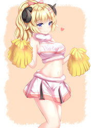 Rule 34 | 1girl, absurdres, bare shoulders, blonde hair, blue eyes, bow, breasts, cheerleader, clothes writing, crop top, curled horns, fur trim, hair bow, hair ornament, hairclip, heart, highres, holding, holding pom poms, hololive, horns, large breasts, long hair, looking at viewer, midriff, miniskirt, navel, pleated skirt, pom pom (cheerleading), ponytail, sheep horns, shirt, skirt, sleeveless, sleeveless shirt, smile, solo, standing, stomach, thighs, tsunomaki watame, virtual youtuber, white shirt, white skirt, yuano