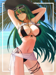Rule 34 | 1girl, azur lane, bare shoulders, bikini, black bikini, blush, breasts, commentary request, day, eyewear on head, green hair, large breasts, littorio (azur lane), littorio (the glory of naples) (azur lane), long hair, looking at viewer, multicolored hair, nini (gina852456), red eyes, red hair, sidelocks, sky, smile, solo, streaked hair, sunglasses, swimsuit, very long hair