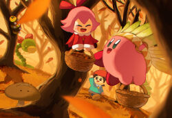 Rule 34 | 2girls, adeleine, autumn, autumn leaves, basket, black hair, colored skin, copy ability, falling leaves, geromazudake, highres, holding, holding basket, kirby, kirby (series), leaf, leo taranza, looking at another, multiple girls, mushroom, needlous, nintendo, open mouth, pink hair, pink skin, red headwear, red ribbon, ribbon, ribbon (kirby), smile, snoozroot, solid oval eyes, wing kirby