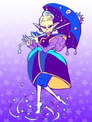 Rule 34 | 10s, artist request, boots, colored skin, dragon ball, dragon ball super, earrings, gowasu, jewelry, long sleeves, looking away, mohawk, night, night sky, pointy ears, purple background, simple background, sky, smile, solo, star (sky), star (symbol), starry background, starry sky, umbrella, white background, white hair, yellow skin