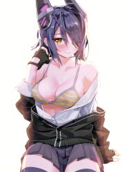 Rule 34 | 1girl, absurdres, arm support, bare shoulders, black gloves, blouse, blush, bra, breasts, buttons, cleavage, closed mouth, eyepatch, fingerless gloves, gloves, headgear, highres, kantai collection, lips, looking at viewer, medium breasts, off shoulder, open clothes, pleated skirt, purple hair, scan, school uniform, shirt, short hair, simple background, skirt, sleeves rolled up, solo, striped bra, striped clothes, tenryuu (kancolle), unbuttoned, underwear, upper body, white background, white shirt, yahako, yellow eyes