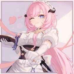 Rule 34 | 1girl, apron, blackheart`, blue eyes, border, breasts, chinese commentary, cleavage, closed mouth, commentary request, dress, elf, elysia (honkai impact), elysia (miss pink elf) (honkai impact), fake horns, food, frills, gloves, heart, highres, holding, holding plate, honkai (series), honkai impact 3rd, horns, large breasts, long hair, looking at viewer, maid, maid apron, maid headdress, official alternate costume, one eye closed, pink hair, pink pupils, plate, pointing, pointy ears, short sleeves, smile, solo, tray, white apron, white gloves