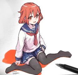 Rule 34 | 1girl, anchor symbol, artist name, black thighhighs, blue sailor collar, blue skirt, brown hair, dated, full body, hair between eyes, hair ornament, hairclip, ikazuchi (kancolle), kantai collection, looking at viewer, neckerchief, pen, pleated skirt, red neckerchief, sailor collar, school uniform, serafuku, shadow, short hair, simple background, sitting, skirt, solo, thighhighs, unagiman, wariza, white background
