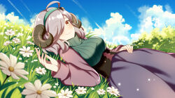 Rule 34 | 1girl, breasts, brown eyes, cloud, commission, eyes visible through hair, fang, flower, green hairband, green sweater, grey hair, hair over one eye, hairband, hand on own hip, highres, horns, indie virtual youtuber, kei-chan (atlas kei), large breasts, lying, lyla sheepi, meadow, on back, pink sleeves, ribbed sweater, second-party source, sheep girl, sheep horns, skin fang, skirt, sky, solo, sweater, turtleneck, turtleneck sweater, virtual youtuber, white flower