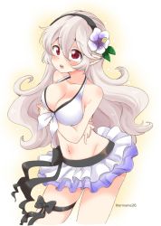 Rule 34 | 1girl, bikini, blush, breasts, cleavage, corrin (female) (fire emblem), corrin (female) (summer) (fire emblem), corrin (fire emblem), crossed arms, eromame, fire emblem, fire emblem fates, fire emblem heroes, flower, hair flower, hair ornament, hairband, large breasts, long hair, navel, nintendo, official alternate costume, open mouth, pointy ears, red eyes, simple background, solo, swimsuit, thigh strap, twitter username, white background, white hair