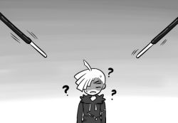 Rule 34 | 1boy, ?, ahoge, arms at sides, bad id, bad pixiv id, closed eyes, commentary request, creatures (company), food, game freak, gladion (pokemon), gradient background, greyscale, hair over one eye, hood, hoodie, male focus, monochrome, nintendo, nutkingcall, open mouth, pocky, pokemon, pokemon sm, shaded face, short hair, sweat