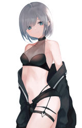 Rule 34 | 1girl, bare shoulders, black jacket, black shorts, blue eyes, breasts, cleavage, closed mouth, commentary request, grey hair, highres, jacket, looking at viewer, navel, off shoulder, ogami ren, open clothes, open jacket, original, short shorts, shorts, simple background, small breasts, solo, thigh strap, white background