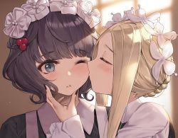 Rule 34 | 2girls, ;t, abigail williams (fate), abigail williams (festival outfit) (fate), black dress, black hair, blonde hair, blurry, blurry background, blush, braid, butterfly hair ornament, closed eyes, closed mouth, collared dress, commentary request, depth of field, dress, fate/grand order, fate (series), hair ornament, heroic spirit chaldea park outfit, indoors, katsushika hokusai (fate), katsushika hokusai (festival outfit) (fate), kiss, kissing cheek, long hair, md5 mismatch, multiple girls, official alternate costume, one eye closed, profile, resolution mismatch, short hair, sidelocks, source smaller, suou-sensei, upper body, yuri