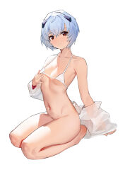 Rule 34 | 1girl, absurdres, arm support, armpits, ayanami rei, bare shoulders, bikini, bikini top only, blue hair, bottomless, collarbone, commentary request, dot nose, expressionless, flat chest, full body, hair between eyes, hand on own chest, headpiece, highres, interface headset, liwen520, looking at viewer, micro bikini, navel, neon genesis evangelion, no panties, off shoulder, parted lips, red eyes, seiza, short hair, simple background, sitting, solo, stomach, swimsuit, unworn shirt, white background, white bikini