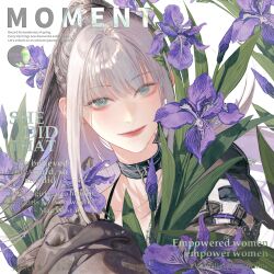 Rule 34 | 1girl, absurdres, acyantree, aqua eyes, bai yi (path to nowhere), black choker, blunt bangs, braid, choker, cover, english text, fake magazine cover, flower, gradient hair, grey hair, grey jacket, high ponytail, highres, iris (flower), jacket, leaf, long hair, looking at viewer, magazine cover, multicolored hair, path to nowhere, purple flower, red lips, side braid, single hair intake, smile, solo, two-sided fabric, updo, upper body, white hair