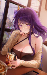 Rule 34 | 1girl, alternate costume, black dress, blurry, blurry background, braid, breasts, brown shirt, building, casual, cellphone, city, cleavage, closed mouth, commentary request, criss-cross halter, cup, dress, drink, drinking glass, drinking straw, earrings, genshin impact, hair ornament, halterneck, hand up, highres, ice, ice cube, indoors, jewelry, large breasts, long hair, long sleeves, looking at viewer, low-braided long hair, low-tied long hair, open clothes, open shirt, phone, purple eyes, purple hair, purple nails, raiden shogun, rity, shirt, signature, single bare shoulder, sitting, sleeveless, sleeveless dress, smartphone, solo, table, upper body, very long hair, window