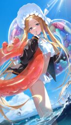 Rule 34 | 1girl, abigail williams (fate), abigail williams (swimsuit foreigner) (fate), abigail williams (swimsuit foreigner) (third ascension) (fate), absurdres, aimitkkays, bare shoulders, beach, bikini, black jacket, blonde hair, blue eyes, blue sky, blush, bonnet, bow, breasts, fate/grand order, fate (series), forehead, hair bow, highres, holding, holding swim ring, innertube, jacket, long hair, long sleeves, looking at viewer, miniskirt, ocean, off shoulder, open clothes, open jacket, parted bangs, sidelocks, skirt, sky, small breasts, swim ring, swimsuit, thighs, twintails, very long hair, wading, water, white bikini, white bow, white headwear