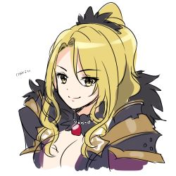 Rule 34 | &gt;:), 1girl, armor, bad id, bad pixiv id, blonde hair, breasts, brown eyes, christina (princess connect!), cleavage, closed mouth, cropped torso, fur trim, hair between eyes, highres, ichiren namiro, long hair, medium breasts, parted bangs, pauldrons, ponytail, princess connect!, shoulder armor, simple background, smile, solo, split mouth, translation request, upper body, v-shaped eyebrows, white background