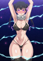 Rule 34 | 1girl, absurdres, areola slip, arms up, bikini, black bikini, black hair, blush, breasts, cameltoe, collar, covered erect nipples, curvy, electricity, embarrassed, empty eyes, en&#039;en no shouboutai, forced, glowing, glowing eyes, hair between eyes, highleg, highleg bikini, highres, large breasts, looking at viewer, mind control, narrow waist, navel, no0o0n0o0on, partially visible vulva, purple eyes, restrained, shiny skin, solo, sweat, swimsuit, tamaki kotatsu, thigh gap, thighs, thong, thong bikini, translation request, twintails, wide hips