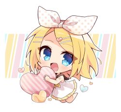 Rule 34 | 1girl, :d, absurdres, adapted costume, aqua eyes, black sailor collar, blonde hair, blush, bow, chibi, commentary, dress, frilled dress, frills, full body, hair ornament, hair ribbon, hairclip, hairpin, heart, heart hair ornament, highres, hug, hugging object, kagamine rin, legs up, looking at viewer, misosiru 0224, open mouth, polka dot, polka dot bow, ribbon, sailor collar, short hair, shoulder tattoo, simple background, smile, solo, tattoo, vocaloid, white background, white bow, white dress