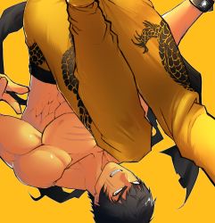 Rule 34 | 1boy, bad id, bad pixiv id, black hair, brown eyes, flats, houjohh, kung fu, male focus, marshall law, muscular, pants, pectorals, scar, short hair, solo, studded bracelet, tekken, thick eyebrows, topless male, upside-down