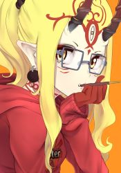 Rule 34 | 1girl, absurdres, alternate costume, bespectacled, black-framed eyewear, blonde hair, blush, casual, clothes writing, commentary request, earrings, facial mark, fang, fang out, fate/grand order, fate (series), food, food in mouth, forehead mark, from side, glasses, gloves, highres, hood, hood down, hoodie, horns, ibaraki douji (fate), jewelry, long hair, long sleeves, looking at viewer, looking to the side, mouth hold, nakasaku-p, orange background, pocky, pointy ears, ponytail, red gloves, sidelocks, simple background, solo, upper body, yellow eyes